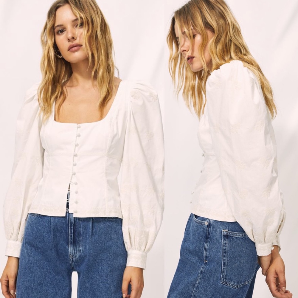 Aritzia Wilfred Palo Santo White Boho Embroidery Casual Blouse Sz XS, S
